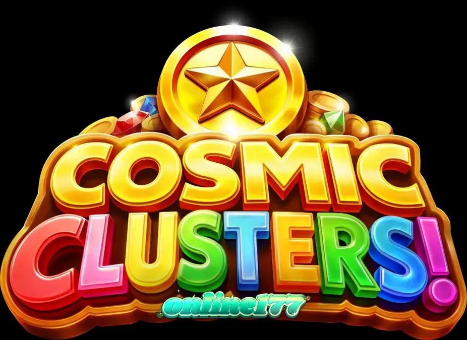 Tampilan visual slot Cosmic Clusters dengan tema luar angkasa neon